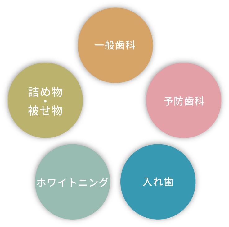 一般歯科、予防歯科、入れ歯・インプラント、ホワイトニング、詰め物・被せ物