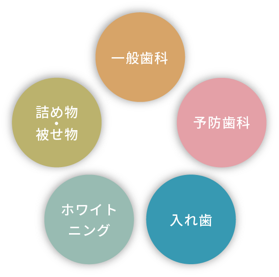 一般歯科、予防歯科、入れ歯・インプラント、ホワイトニング、詰め物・被せ物